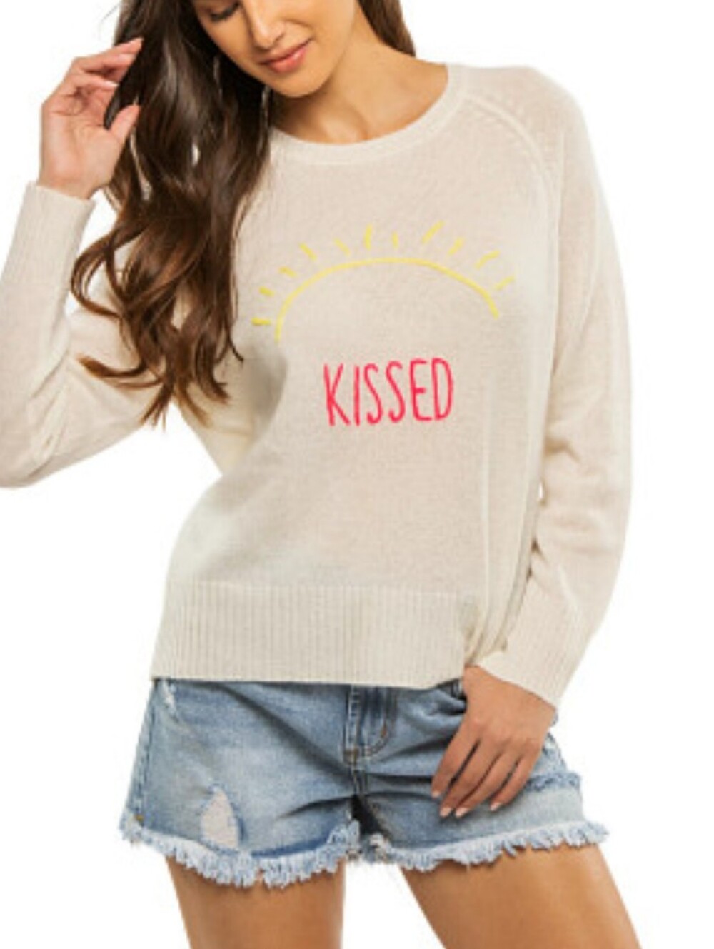 Golden Sun 100% Cashmere Crew Neck Pullover Sweater Cream SUN KISSED Size S M
